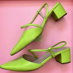 Intentionally Blank Viv Lime Green Leather Pointed Toe Block Heels